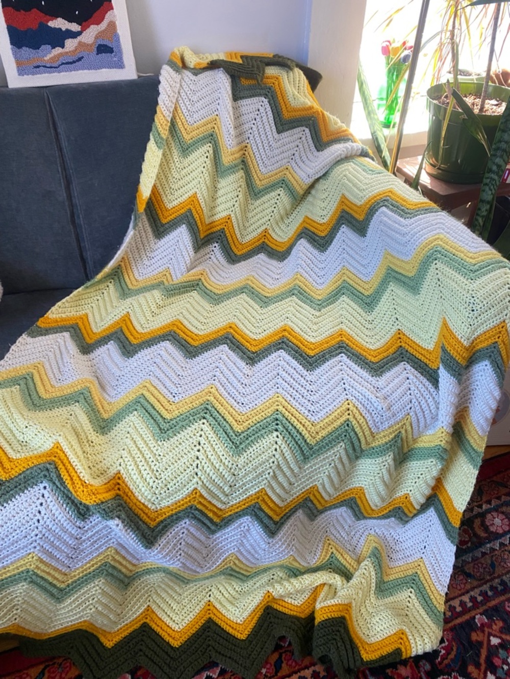 Handmade Vintage Chevron Crochet Throw Blanket in Yellow, Green & White